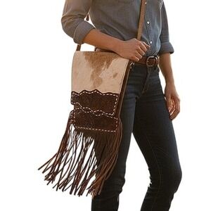 NWT American Bison Western Hair N‎ Cowhide Leather Fringe Crossbody Bag Cowgirl